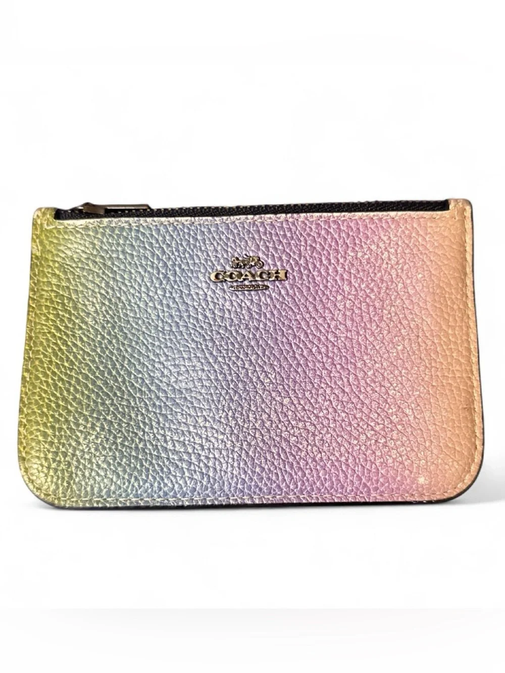 Coach Rainbow Gradient Pebbled Leather Zip Pouch - Pastel Yellow, Blue, Pink